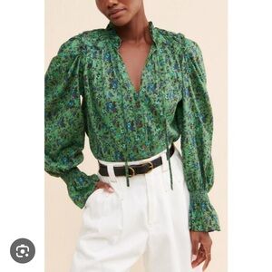 Free People Green Floral Pintuck Peasant Blouse